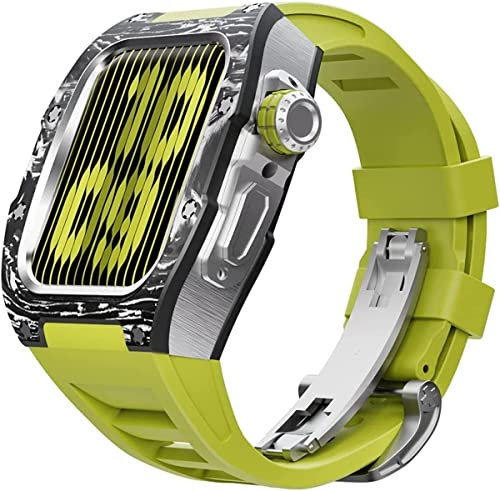 FACDEM Kit de modificación de fibra de carbono, correa de goma de flurina, para Apple Watch 45/44 mm 8 7, correa deportiva de goma para hombre, marco de parachoques de metal, para iWatch Series 6 5 4