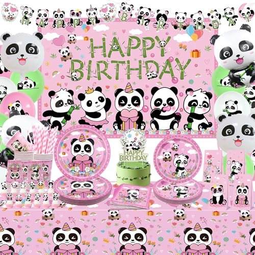 Obussgar Panda Birthday Party Decorations - Pink Panda Party Supplies including Banner, Backdrop, Cake Topper, Plate, Cup, Napkin, Balloon, Tablecloth - Serves 20