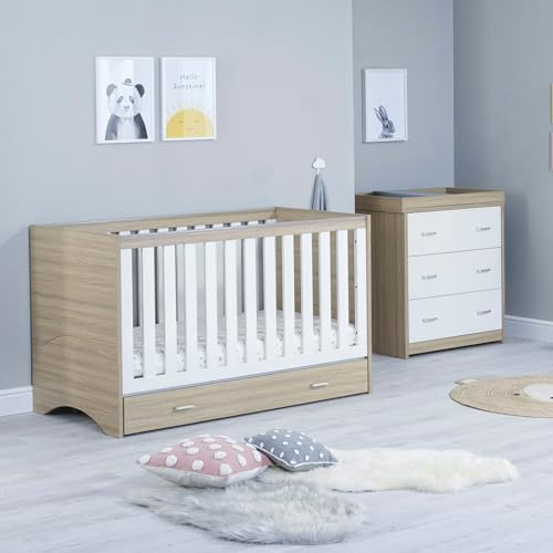 Babymore Veni 2 Piece Nursery Room Set with Drawer Oak White - 1 Compartment Under Baby Cot Bed & 1 Chest Changer With 3 Double Handle Drawers, Wooden Chest Of Storage Cabinet | 2 Piece Room Set