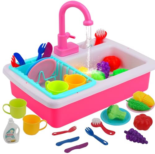 Kids Kitchen Play Sink Toy Set Pretend Role Play Kitchen Toys Kitchenware Toys Set with Running Water Cycle System,Plays Food and Cutting Plays for Boys Girls 3 4 5 6 7 Years Old(Pink)