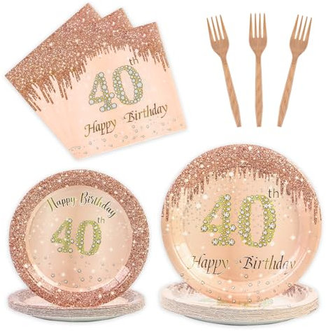 96 platos y servilletas de 40 cumpleaños, platos y servilletas de papel de oro rosa para 24 invitados, decoraciones de 40 cumpleaños para mujeres, vajilla de fiesta de feliz cumpleaños (oro rosa, 40)