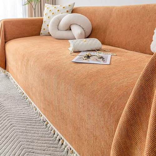 AMDXD Sofaüberwurf, Einfarbig Muster mit Quaste Sesselbezug Ohrensessel, Anti-Rutsch Sofa Protection Cover Sofaschoner in Chenille Anti-Rutsch-Couch - 180x400CM, Orange