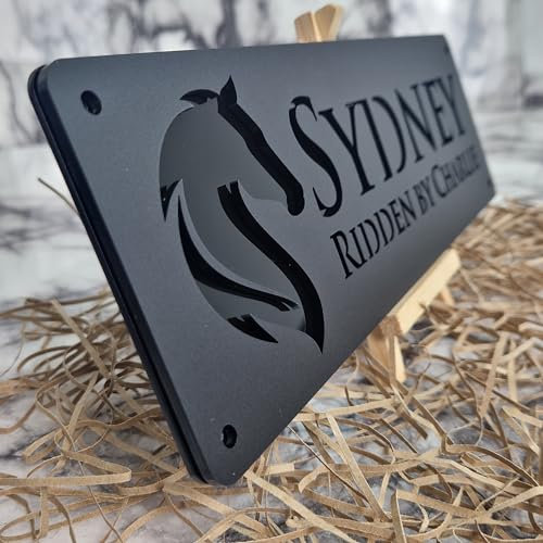 Black Mirror and Matt Black Personalised Horse stable Pony laser cut name door plate sign (L6-Elegant Head)
