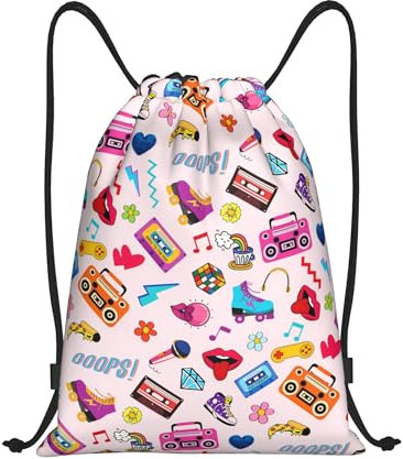 Laptop-Rucksack mit Kordelzug, Vintage, 90er-/80er-Jahre-Party, Sporttasche für Herren und Damen, klein, 35,6 cm, Reisetasche, lässiger Sackpack, Yoga-Netztasche, Sporttasche, Outdoor-Tagesrucksack zu