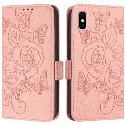 XYZNTMF for iPhone X Case iPhone XS Phone Case Shockproof Floral Flip Wallet Case Card Holder PU Leather Shell Soft Silicone Bumper Kickstand RFID Blocking Protective Skin Cover Case, Pink