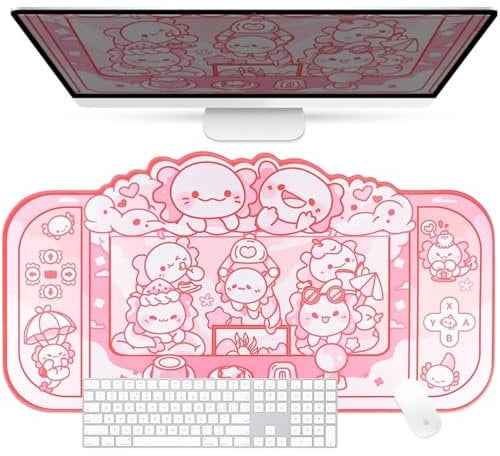 BelugaDesign Axolotl Sous-main | Tapis de souris pastel pour clavier de dessin animé Kawaii pour PC, ordinateur portable, accessoires de configuration de jeu, lavable en machine, base en caoutchouc