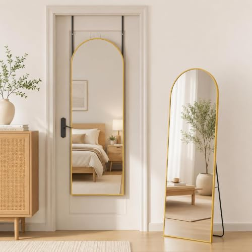 Antok Ganzkörperspiegel 146x44 cm Gewölbter Standspiegel - Gold Stehend Bogen Spiegel Voller Länge Stehspiegel mit Aluminium Rahmen, Bruchsichere Glas in HD BogenSpiegel für Schlafzimmer