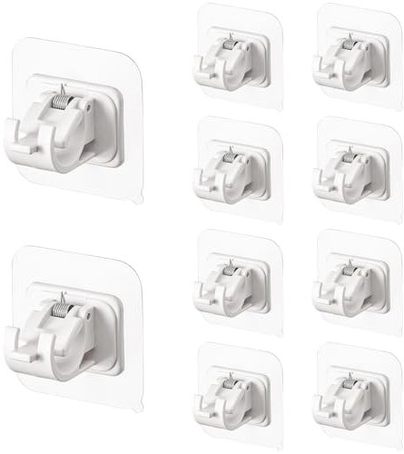 10pcs No Drill Curtain Poles Brackets, Self Adhesive Curtain Pole Hooks, Transparent Curtain Rod Bracket Holder, Adjustable Curtain Pole Brackets for Kitchen Bedroom Bathroom (White)