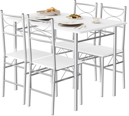 WOLTU Mesa y Sillas Comedor para 4 Personas, Mesa Cocina de Madera, Juego de Muebles de Comedor, Madera MDF y Metal, Blanco + Plata