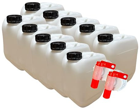 LOT DE 10 X JERRICAN BIDON PLASTIQUE 10 L LITRES AVEC BOUCHON ÉTANCHE ET 2 ROBINETS VERSEURS– IDÉAL POUR LIQUIDES ALIMENTAIRES ET TECHNIQUES – DURABLE ET RÉUTILISABLE