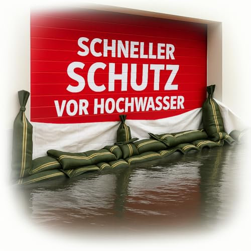 Folienkönig® Kit Protezione Inondazioni: 20 Sacchi di Sabbia + 1 Telo impermeabile 2×4 m, Barriera Antiallagamento per Garage, Porta di Casa, Cantina, Pozzetto, Installazione Rapida