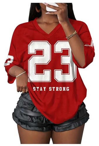 MakeMeChic Women's Football Jersey Shirts Soccer Jersey Number Oversized Y2K Tee Tops Red and White Medium