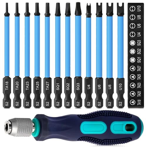 13 Stück Dreieck Bitset Spezial Schraubendreher, 89mm Dreieck Schraubenzieher Vierkant Schraubendreher Bitsatz U Typ Sicherheitsbits Spezial Bit Set 1/4 Sechskantschaft mit Handgriff