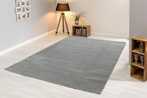 Astra Hochwertiger Teppich Wohnzimmer, Schlafzimmer - Hochflorteppich Uni - modern und weich - einfarbige Designs - Teppich Grau 133 x 190 cm