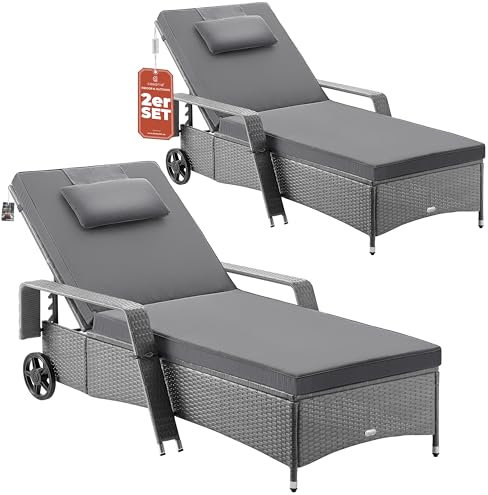 Casaria® Sonnenliege 2er Set mit Rollen 7cm Auflage Extra Breit 90cm Gartenliege Wetterfest 165kg Belastbar Terrasse Balkonmöbel Liegestuhl Grau Anthrazit