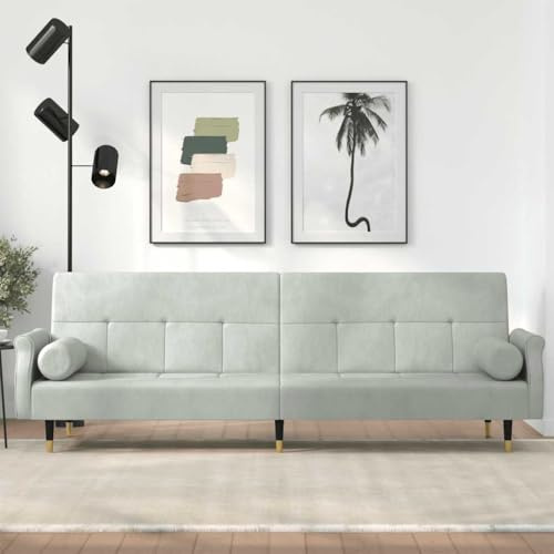 Qnhdfrt Schlafsofa Hellgrau Samt Ausziehbar 216 cm mit Chesterfield-Armlehnen und Kissen - Platzsparendes Sofa Bett für Gäste, Wohnzimmer und kleine Räume