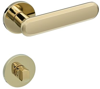 Gavroche Türgriff für Badtüren WC Drückergarnitur Set Türklinken mit WC-Verschluss für Badezimmer und Toilette in glanz Gold Optik mit runder Rosettengarnitur aus Zink Türbeschlag für Badezimmertüren