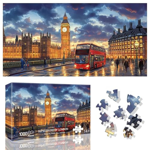 Ginfonr 1000 Piece Jigsaw Puzzles for Adults - IMPRESSIONS OF LONDON, Irregular Shaped Pieces for Challenging Fun, No Dust Classic Landscape Artistic Puzzle, Gifts for Family Game Night 31.5 x 16 inch