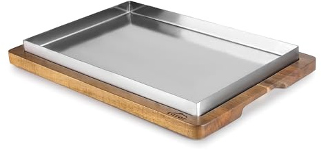 LACOR - 60831 - Reis Flach, 26 X 18 cm, Tablett Aus Edelstahl, Basis Aus Akazienholz, Ideal Für Reis, Eintöpfe Und Braten, Geeignet Für Backofen Und Spülmaschine