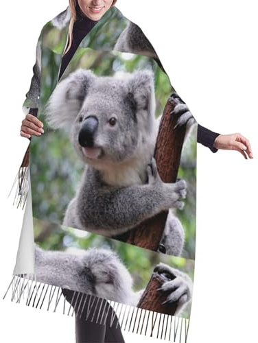 HDTVTV Schal aus Kunstkaschmir mit Quasten, geeignet für Frühling, Herbst und Winter, warm und weich, auch als Decke geeignet. Koala auf einem Ast.