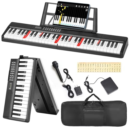 61 Keys Portable Keyboard Piano, 1000 Tones 150 Demo Songs Folding Electronic Piano with Light Up Keys Teaching Mode for Beginners Kids Adults Travel