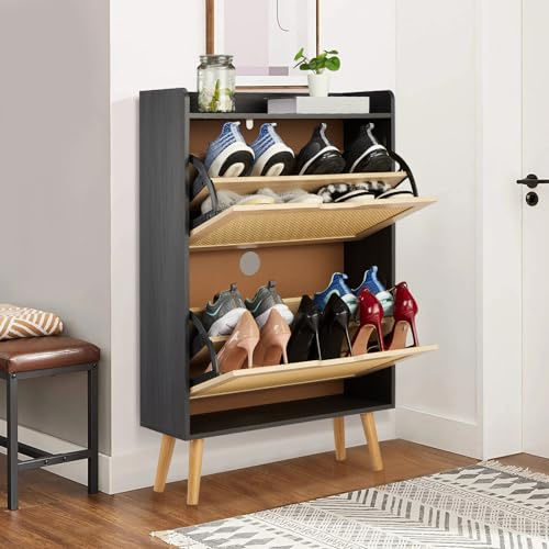 Garvee Zapatero Estrecho con 2 cajones abatibles, 60 X 24 X 85 cm, Negro | mueble zapatero entrada recibidor Diseño anticaída Almacenamiento Oculto para 12-18 Pares, para Entrada,Pasillo o Dormitorio