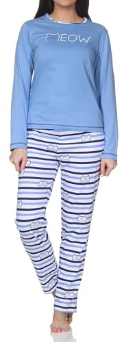 Normann Damen Langarm Schlafanzug Pyjama in Katzen Optik - auch in Übergrößen verfügbar