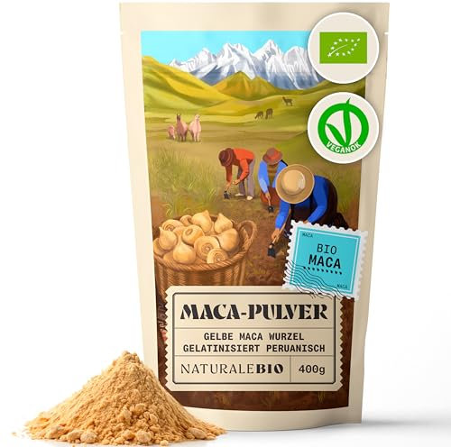 NaturaleBio Maca Peruviana Biologica in Polvere 400g. Naturale e Pura, Prodotto in Perù dalla Radice di Maca Bio - Gelatinizzata