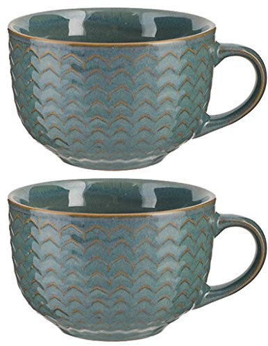 Set of 2 Large Blue Mugs 400ml Distressed Tea/Coffee/Hot Chocolate Stoneware Coffee Cups Spring Summer Wedding Anniversary Housewarming Kitchen Gift