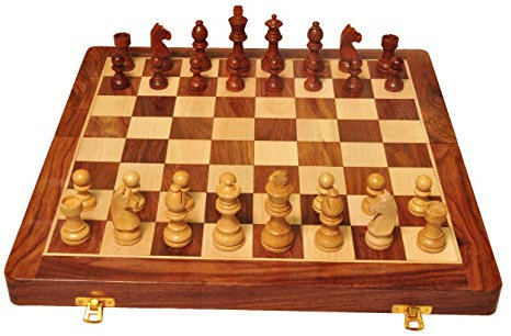 PALM ROYAL HANDICRAFTS International Tournament, Handcrafted Rosewood Unique Chess Board, Foldable Secure Storage, Magnetic Pieces With Extra Queens For Kids & Adults, Brown(12.5X12.5 Inches)