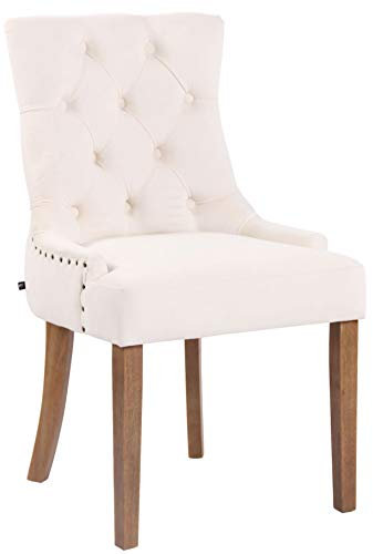 CLP Poltrona Pranzo Aberdeen Stile Chesterfield in Velluto E Legno caucciù I Sedia Soggiorno Imbottita con Alto Schienale, Colore:Crema, Colore del Telaio:Antico Chiaro