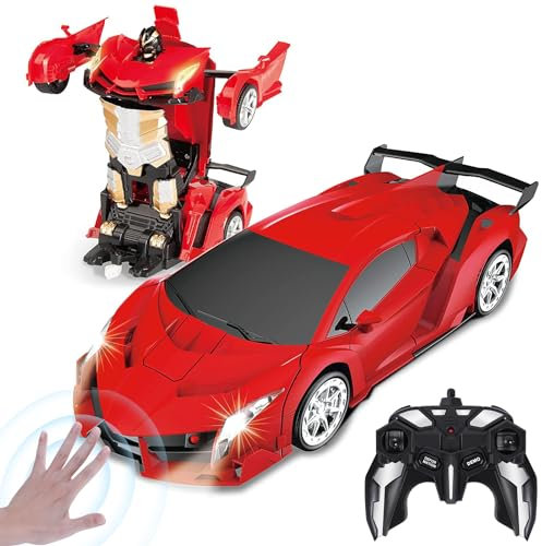 Yellcetoy Roboter Auto, Transformator Spielzeug mit Handgesten Sening LED Licht Musik & Sound Effekt, Ferngesteuertes Auto mit 2,4Ghz Fernbedienung Akkus für Kinder Junge Geschenke ab 4-10 Jahre Rot