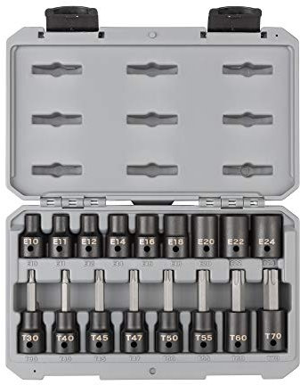 TEKTON SKT25801 - Juego de llaves de vaso de impacto Torx y estrella externa de 1/2 pulgada, 17 piezas (T30-T70, E10-E24)