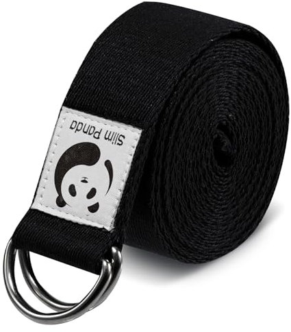 Slim Panda Yoga Belt Strap with Double D Rings Buckle 1.85 or 2.5M, Durable Cotton Adjustable Belt Perfect for Holding Poses, Improving Flexibility and Physical Therapy, Black