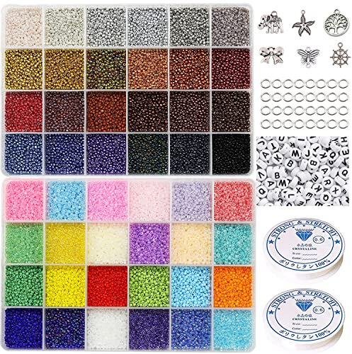 31200 Stück Glas-Seed-Beads, 48 Farben, 2 mm 12/0 Schmuckherstellungsset, in dem sich Buchstabenperlen, 2 Rollen elastische Schnur, Anhänger und Sprungringe befinden, (48 Farben)