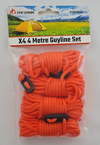 ESW LEISURE Guyline Ropes 4 Pack For Tents Awning Camping Strong Lightweight Paracord Guy Rope With Tensioner Guy Lines Fishing Umbrella Shelter Caravan Gazebo Tarp (Orange 4, 4 Metre XL 4 Pack)