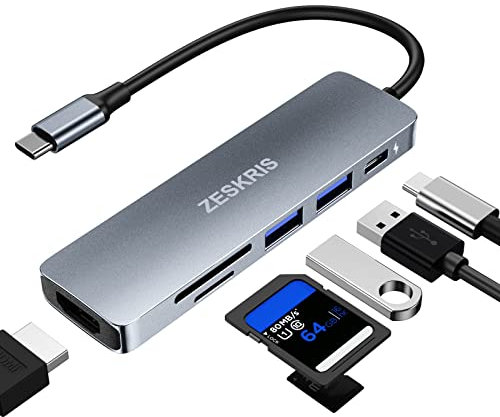 Hub USB C, ZESKRIS 6 en 1 MackBook USB multipuerto Adaptador con 2 USB3.0 SD/Micro SD Lector de Tarjetas 4K HDMI 100W PD para Macbook Air/Pro y Otros