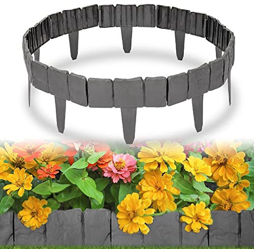 Trintion Rasenkante Kunststoff 15M Beeteinfassung Steinoptik Beetumrandung Gitterbett Umzäunung Gartenzaun Beetbegrenzung Höhe 10,5cm Rasenkantensteine für Obstgärten Beete Wege 60 Stück