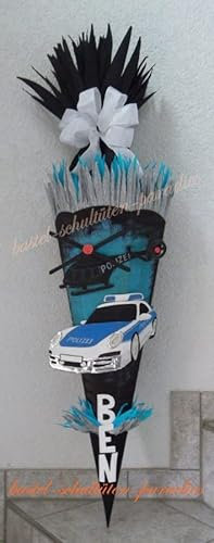 Schultüten Bastelset Polizeiauto mit Hubschrauber schwarz-blau Hintergrund vormalen nein, Schultüten-Rohling Schultütenzuschnitt 400g Karton