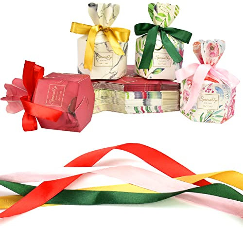 SNAGAROG 48 Stück Hochzeit Geschenkbox Party Süßigkeiten Kasten Papier Süßigkeiten Box Süßigkeiten-Geschenkbox mit Schleife für Hochzeit, Geburtstag, Party, Weihnachtsdekoration-4 Muster