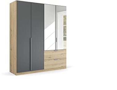 Rauch Möbel Dark & Wood by Quadra Spin Schrank Drehtürenschrank, Grau metallic/Eiche Artisan, Schwarz, Holz, 4-trg. Spiegel, inkl. 2 Kleiderstangen, 2 Einlegeböden, 2 Schubladen, BxHxT 181x210x54 cm