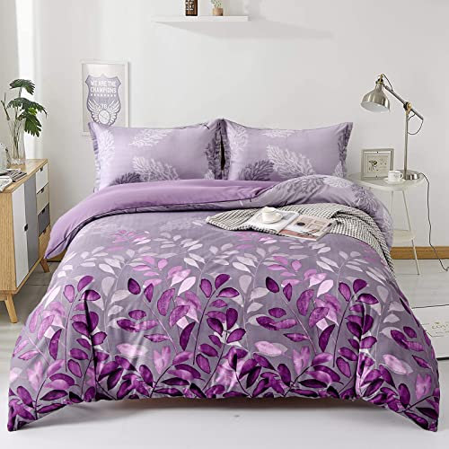 Purple Duvet Cover King Purple Floral Bedding Set, Reversible Lightweight Leaves Bedding Sets 3pcs with Zipper Closure (King, 220x230cm)