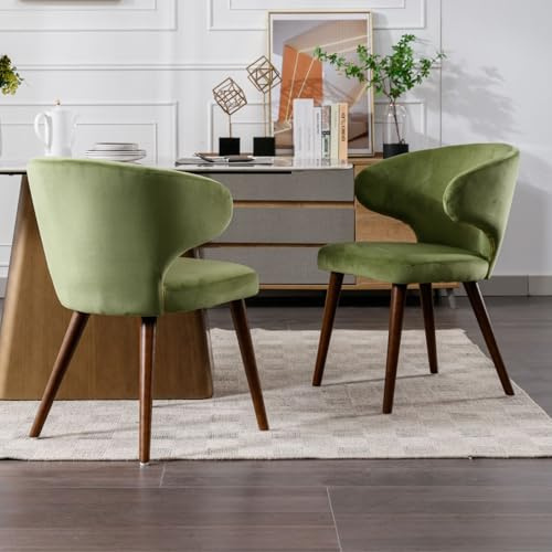 chairus 2er-Set Retro Esszimmerstuhl, Walnuss Holzbeine, Samt/Grün | Retro Küchenstuhl mit weichem Samtbezug und Massivholzbeinen, als Polsterstuhl für Esszimmer, Küche, Wohnzimmer