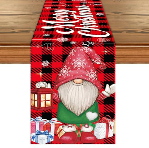 Tischläufer Weihnachten GNOME, Rot Schwarz Plaid Geschenk Weihnachts Tischdeko, Schneeflocke Weihnachtstischdecke Dekoration für Weihnachts Party Zuhause Urlaub Kaffee Table Runner Deko, 14 x 71 Zoll