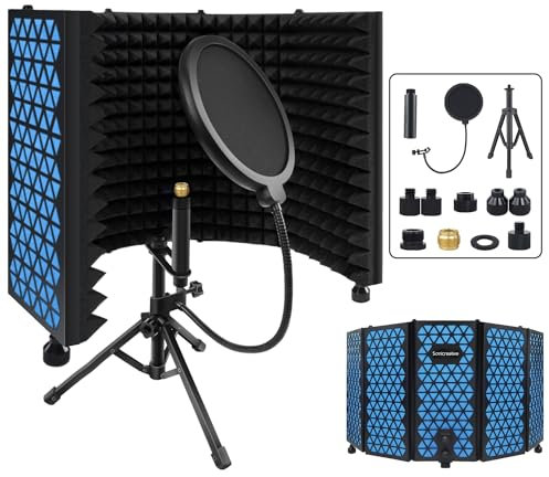 Sonicreative Blue Studio Recording Microphone Isolation Shield with Pop Filter, Foldable Sound Proof Mic Isolation Shield for Boom Arm, High Density Sound Absorbing Foam Mic Stand for Blue Yeti