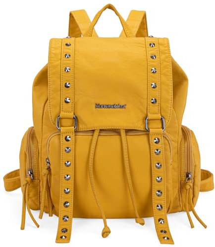 Montana West Rucksack für Damen, trendiger Rucksack, gewaschenes Leder, Kordelzug, Tagesrucksack für lässige Reisen, Nieten gelb, Medium, Reiserucksäcke