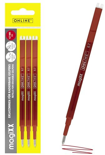 ONLINE 3x radierbare Ersatzminen I Kompatibel mit Pilot Frixion, magiXX I Rot 0,7mm Strichstärke I Ersatzmine für Gelstift radierbar I Nachfüllminen für Gel-Tintenroller mit radierbarer Tinte