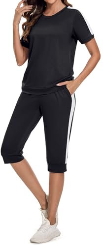 Aottori Damen Jogginganzug Set Trainingsanzug Zweiteiler Frauen Sport Anzug Polyester Freizeitanzug Sporthose S-XXL Schwarz M