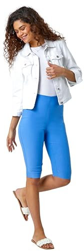 Roman Originals Knee Length Shorts for Women UK - Ladies Cropped Capri Stretch Bengaline Pants Crop Trousers Summer Legging Lounge Essentials Elasticated Casual Clothes - Light Denim - Size 10