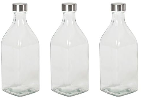 Acan Tradineur - Pack de 3 botellas de vidrio cuadradas con tapón de acero, cierre de rosca, agua, leche, batidos, zumos, licuados de verduras, salsas, frigorífico - 1 litro